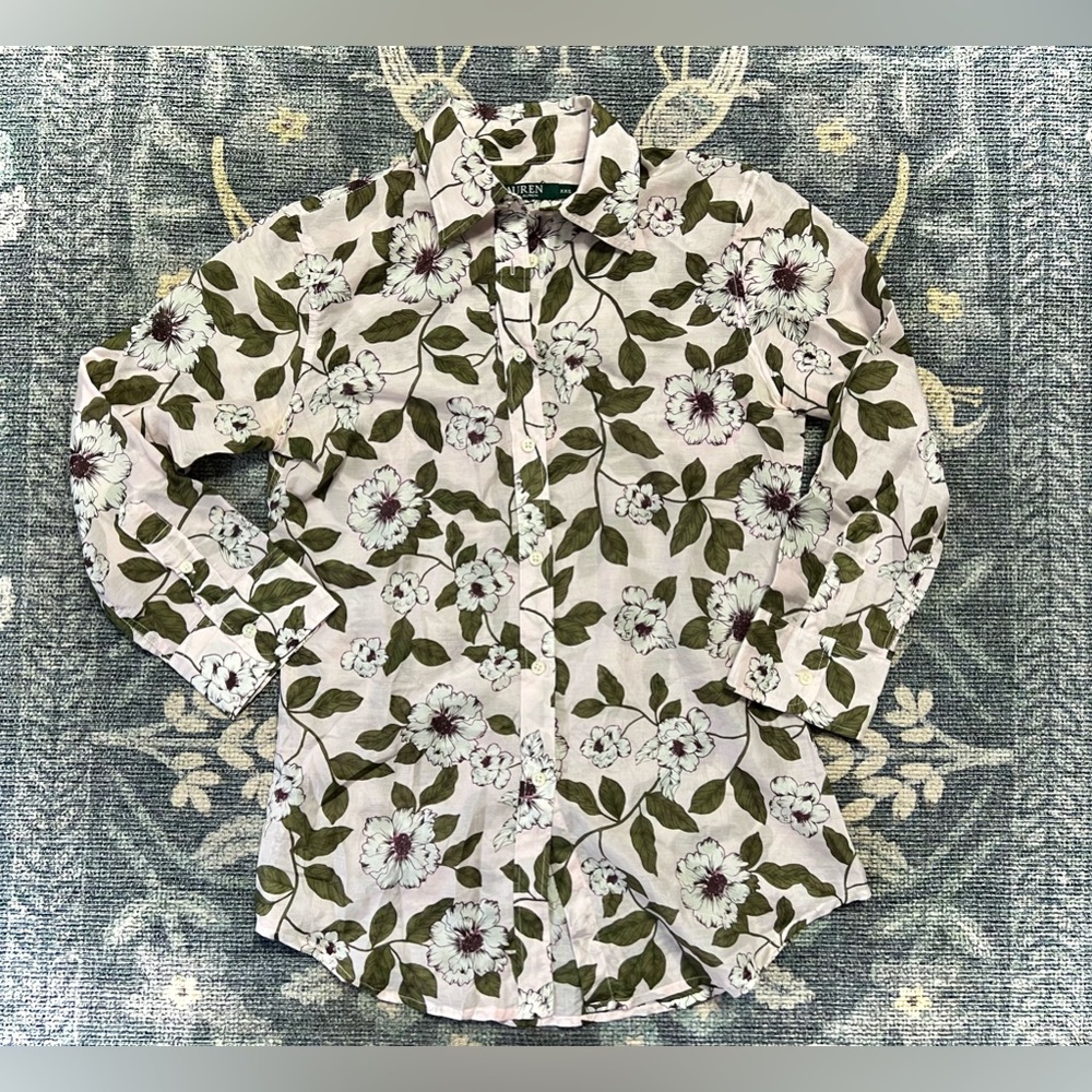 Ralph Lauren White Floral Button-Up Blouse with Green Leaves